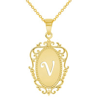 Load image into Gallery viewer, 14k Yellow Gold Elegant Filigree Oval Uppercase Initial V Script Letter Plate Pendant with Cable Chain Necklace
