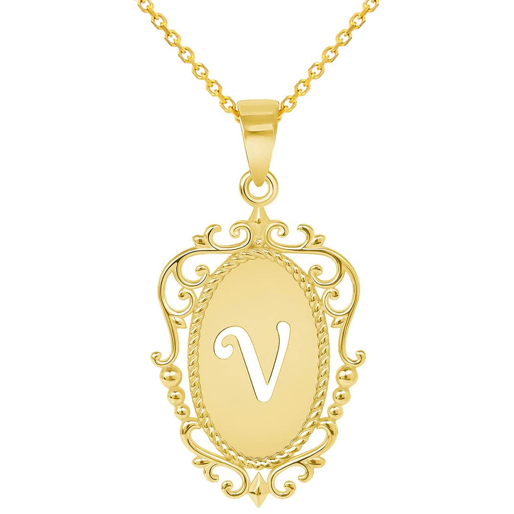 14k Yellow Gold Elegant Filigree Oval Uppercase Initial V Script Letter Plate Pendant with Cable Chain Necklace