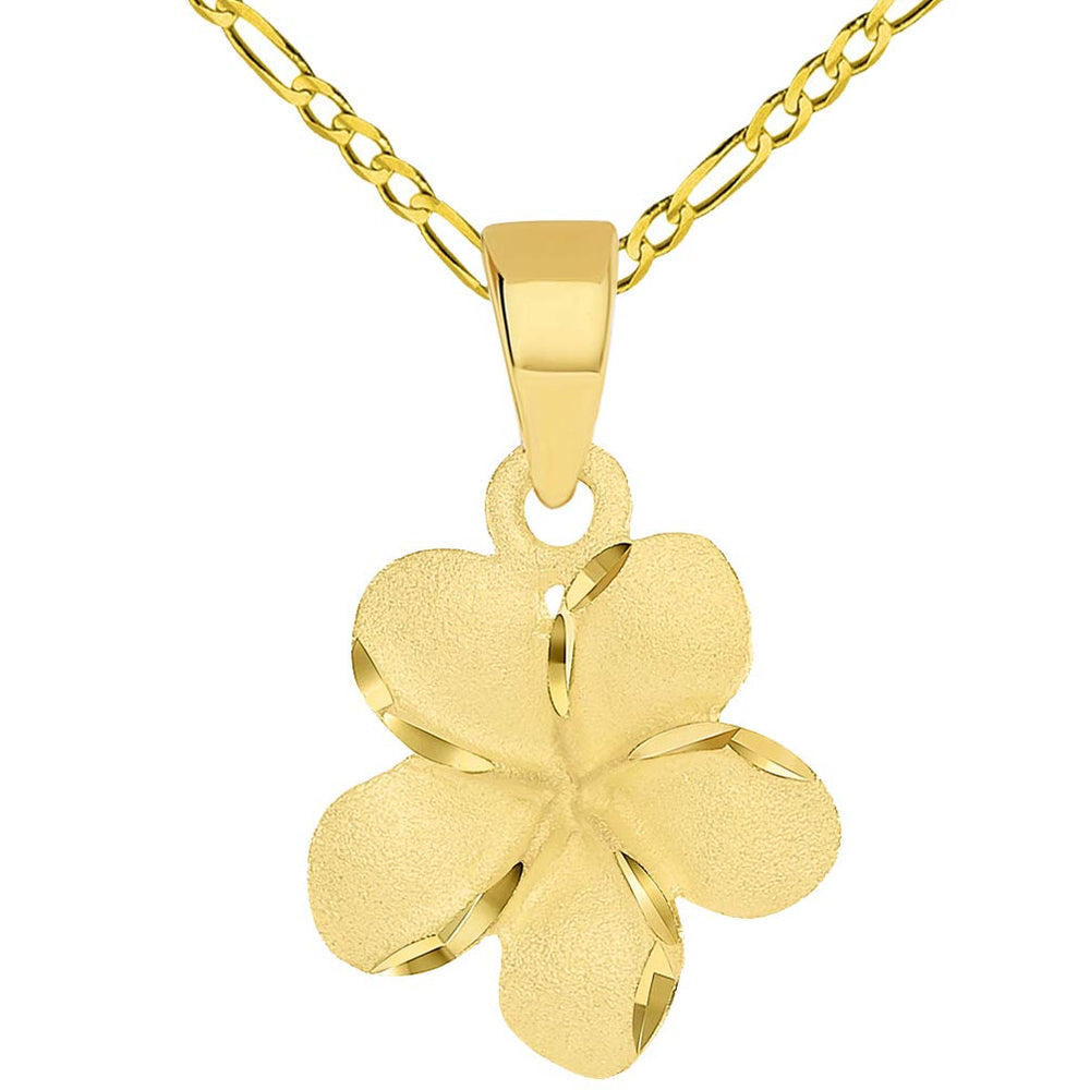 14k Yellow Gold Textured Small Hawaiian Plumeria Flower Charm Pendant with Figaro Chain Necklace