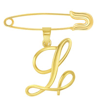 Load image into Gallery viewer, 14k Yellow Gold Elegant Script Letter L Cursive Initial Charm with Safety Pin Brooch
