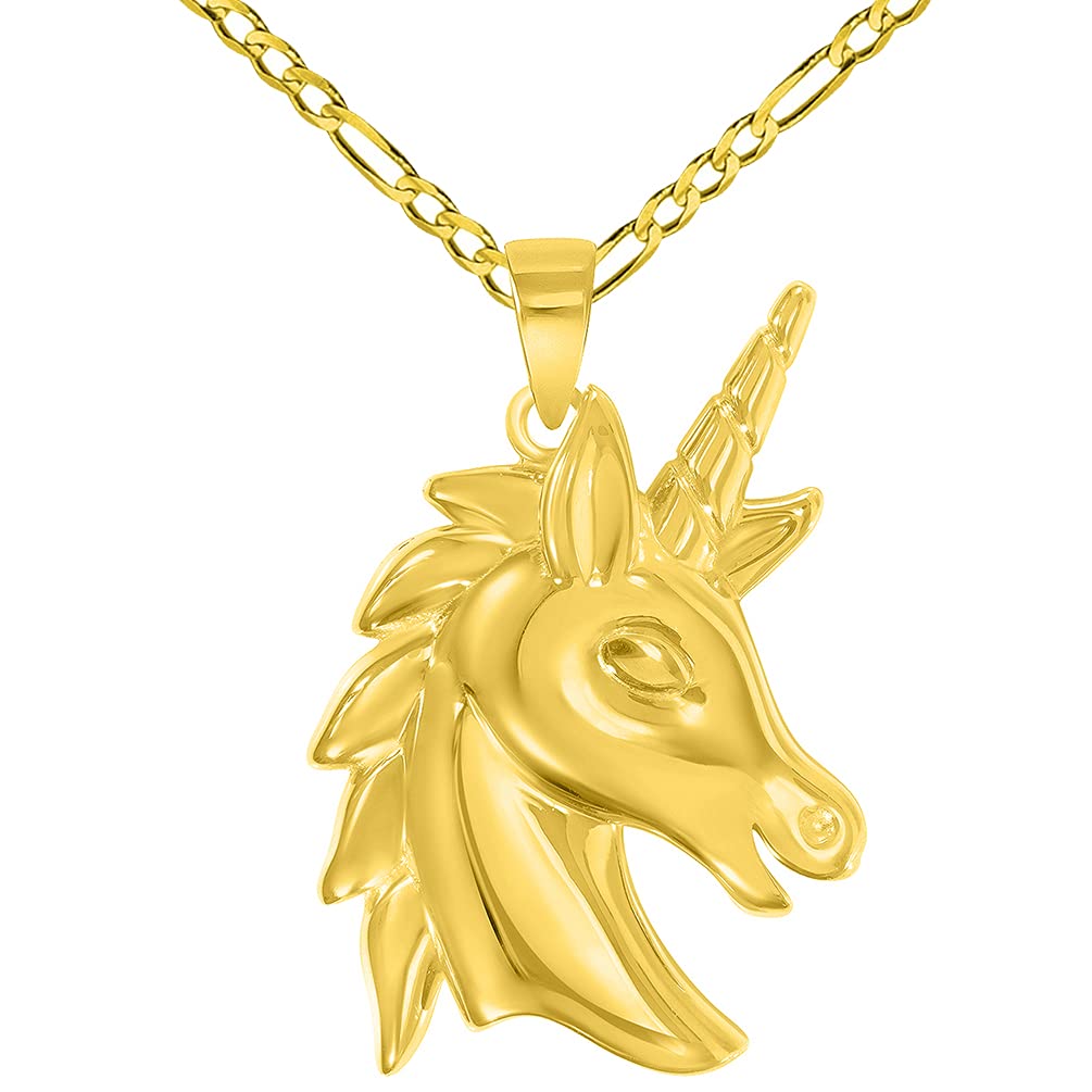 14k Yellow Gold Unicorn Horse Head Mythical Animal Pendant with Figaro Chain Necklace