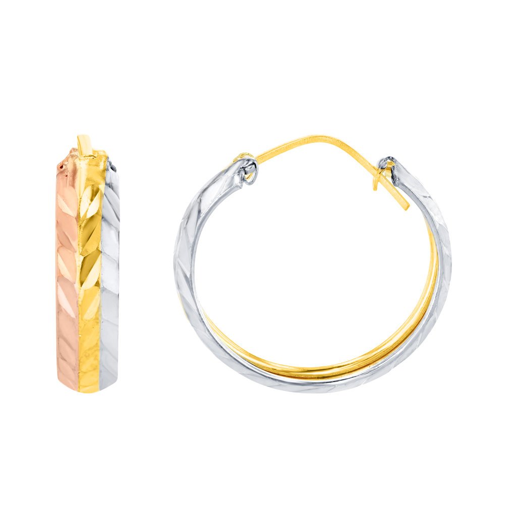 14K Yellow Gold Textured Tri Color 4mm Hoop Earrings (17 x 18.5mm)