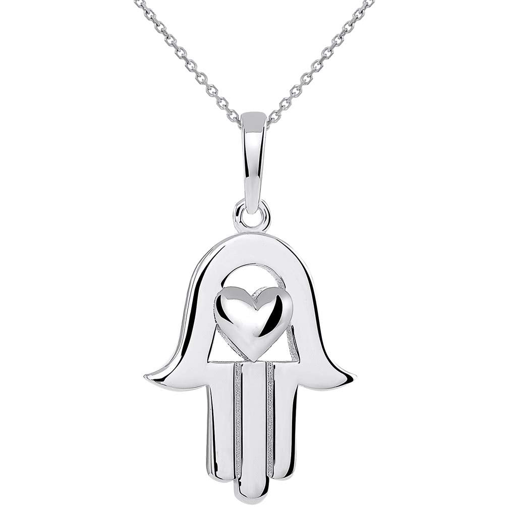 14k White Gold Polished Hamsa Hand of Fatima with Heart Pendant Necklace