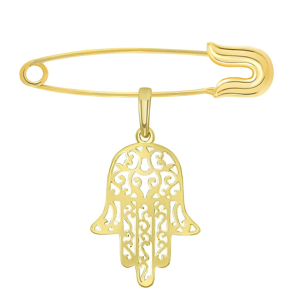 14k Yellow Gold Filigree Hamsa Hand of Fatima Charm Pendant with Safety Pin Brooch