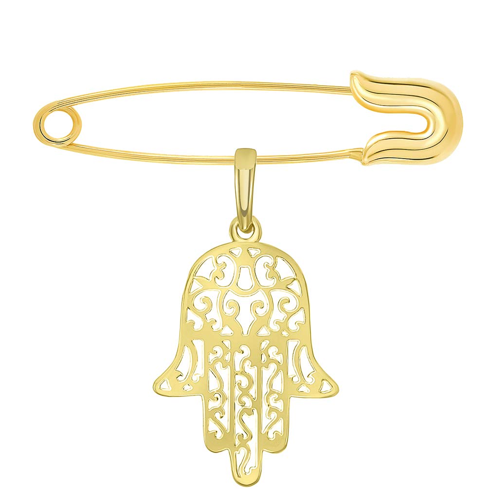 14k Yellow Gold Filigree Hamsa Hand of Fatima Charm Pendant with Safety Pin Brooch