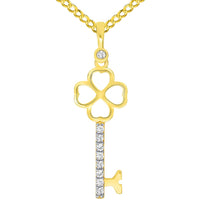 Load image into Gallery viewer, 14k Yellow Gold Cubic Zirconia Four Leaf Clover Love Key To My Heart Pendant Necklace with Curb Chain
