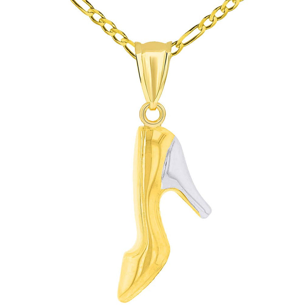 14k Gold Two Tone Pointed Toe High Heel Shoe Pendant with Figaro Necklace - Yellow Gold