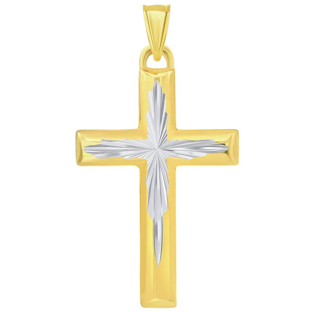 14k Yellow Gold Elegant Textured Two-Tone Religious Cross Pendant