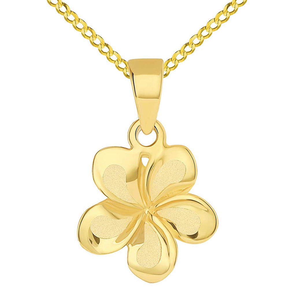14k Yellow Gold High Polished Small Hawaiian Plumeria Flower Charm Pendant with Curb Chain Necklace
