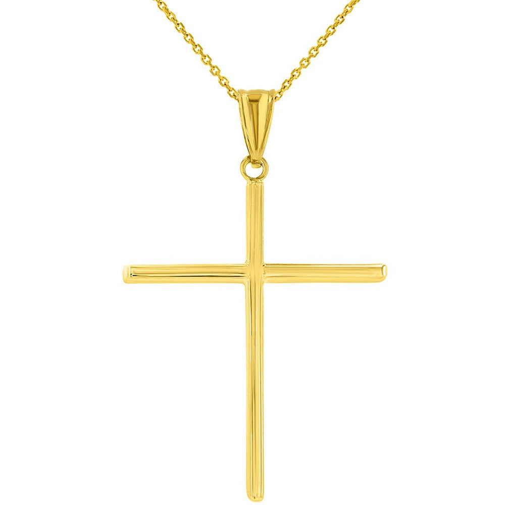 High Polished 14K Yellow Gold Plain Slender Large Cross Pendant with Chain Necklace