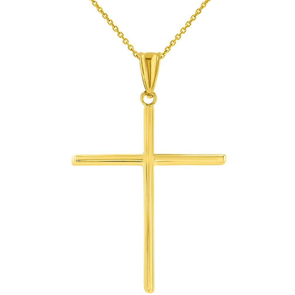 High Polished 14K Yellow Gold Plain Slender Large Cross Pendant with Chain Necklace