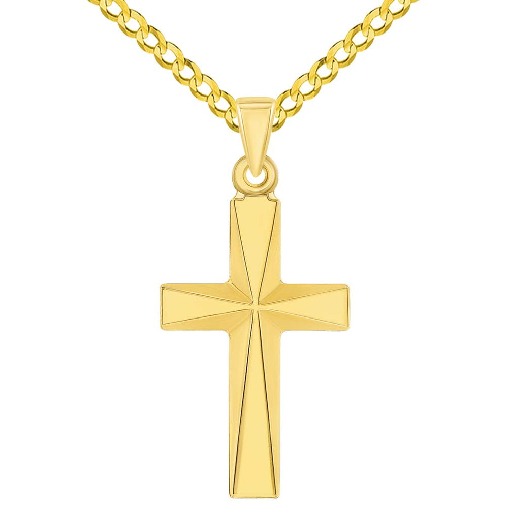 14k Yellow Gold Small Elegant Religious Plain Cross Pendant with Curb Chain Necklace