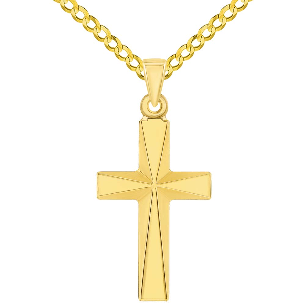 14k Yellow Gold Small Elegant Religious Plain Cross Pendant with Curb Chain Necklace