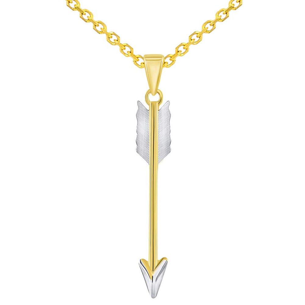 14k Yellow Gold Tribal Feather Arrow Charm Pendant with Rolo Cable Chain Necklace