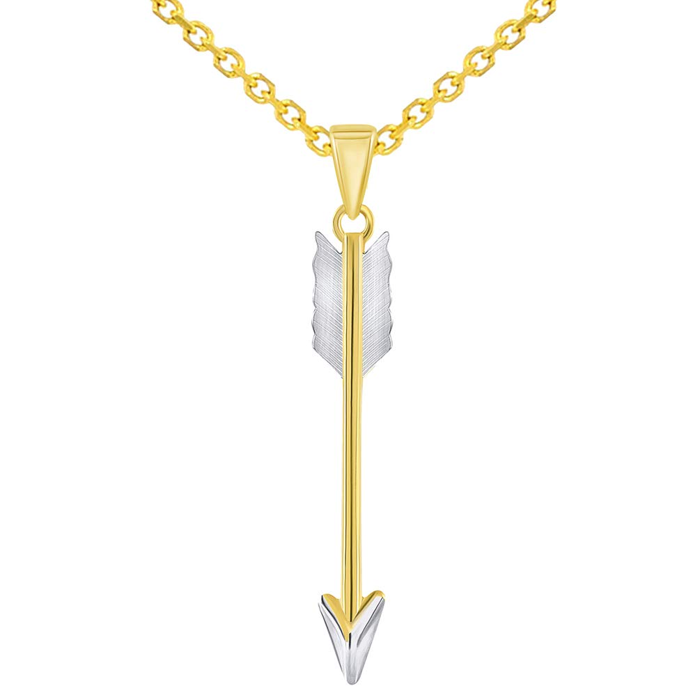 14k Yellow Gold Tribal Feather Arrow Charm Pendant with Rolo Cable Chain Necklace