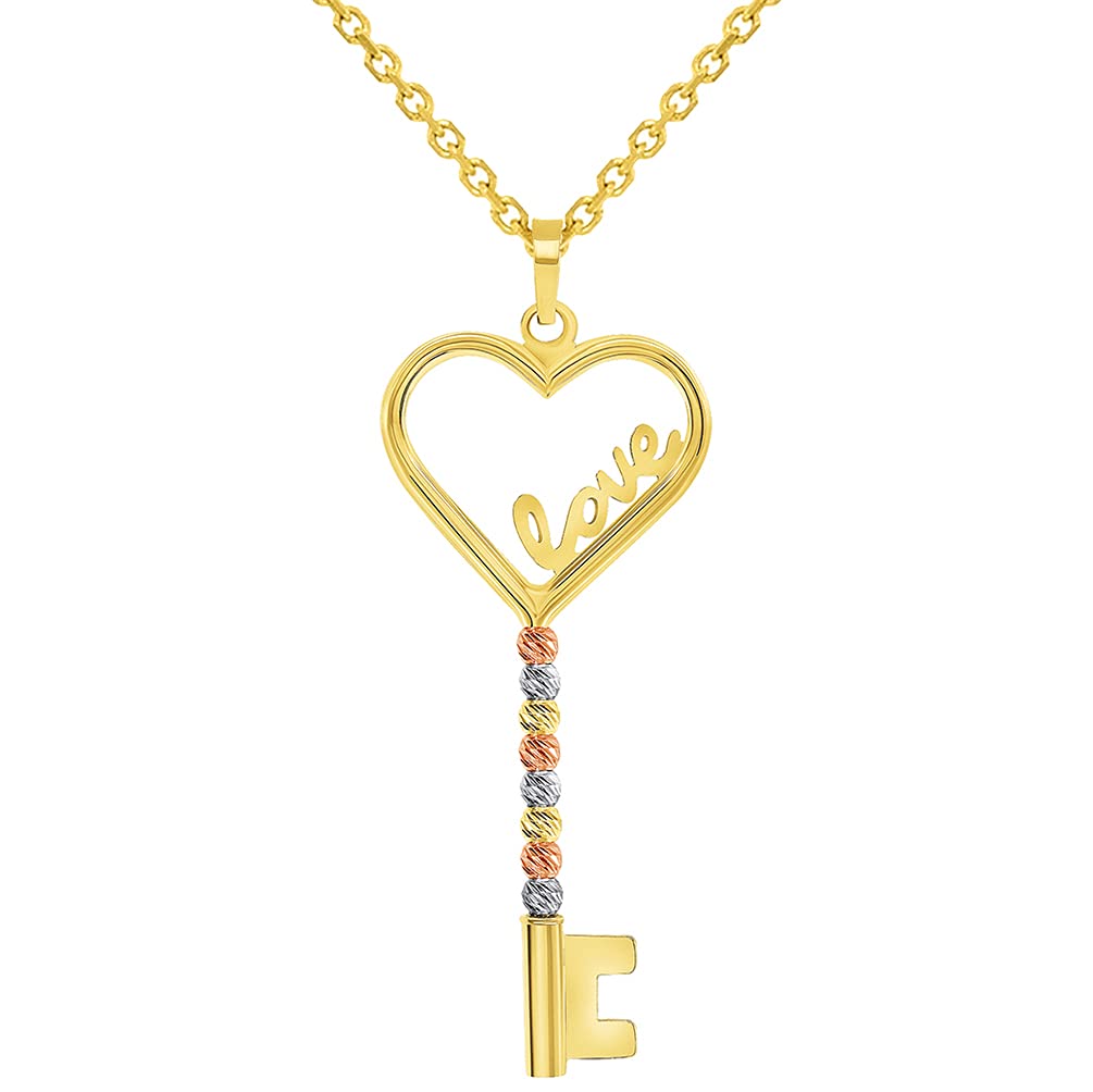 14k Tri-Color Gold Love Written Open Heart Beaded Key Pendant Necklace
