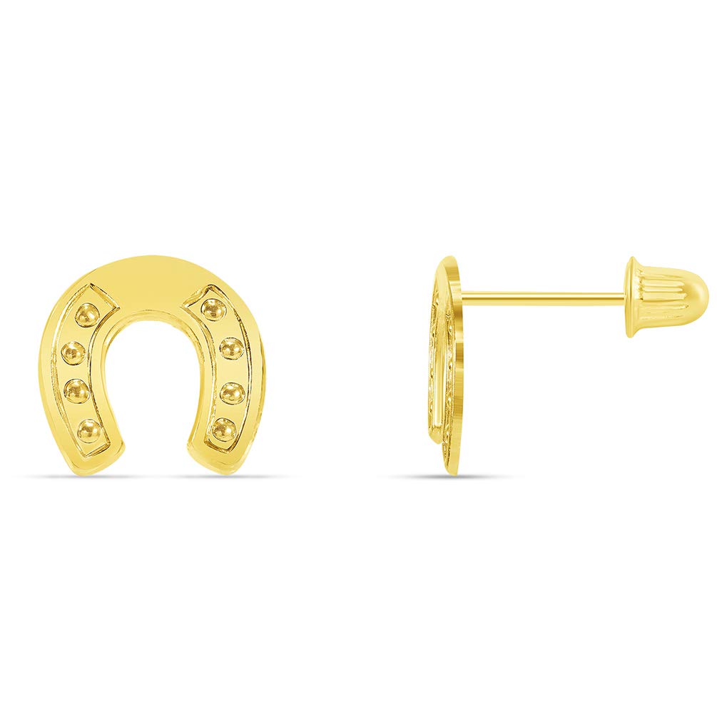 Solid 14k Yellow Gold Lucky Horseshoe Stud Good Luck Earrings with Screw Back