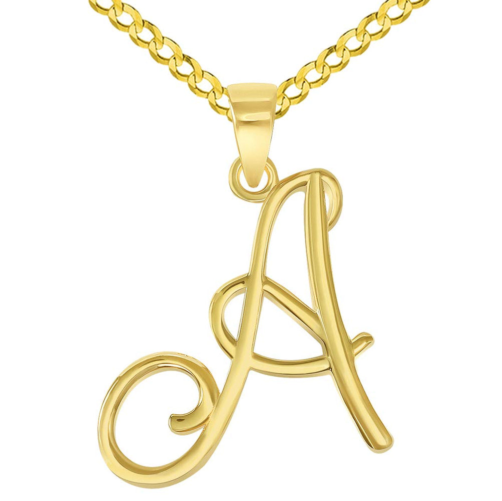 14k Yellow Gold Elegant Script Letter A Cursive Initial Pendant with Curb Chain Necklace