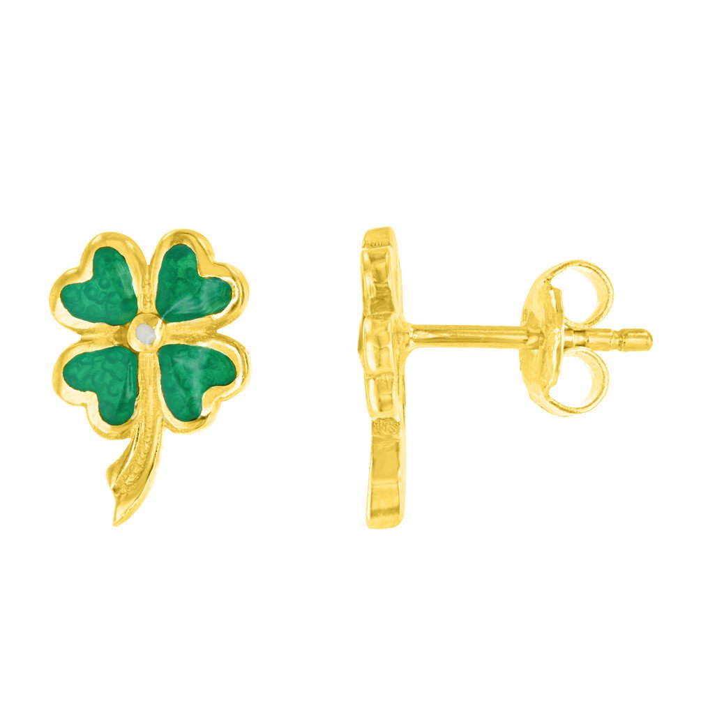 Solid 14K Yellow Gold Heart Shaped Four Leaf Clover Good Luck Stud Earrings with Enamel