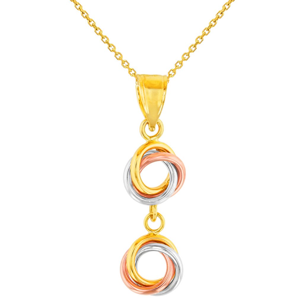 Solid 14K Tri-Color Gold Double Love Knot Charm Dangling Pendant Necklace