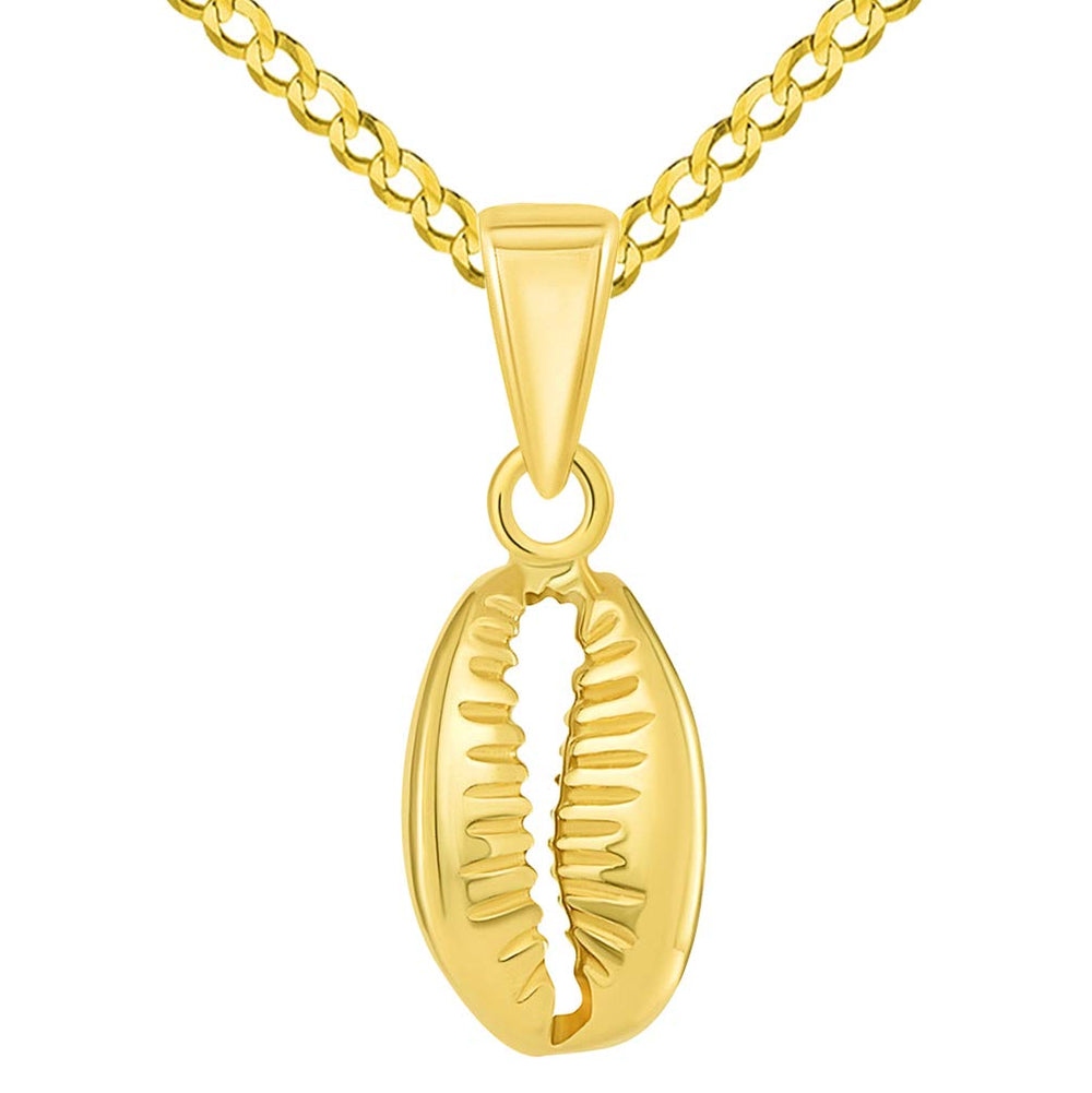 14k Yellow Gold Small 3D Seashell Charm Cowrie Shell Pendant with Curb Chain Necklace