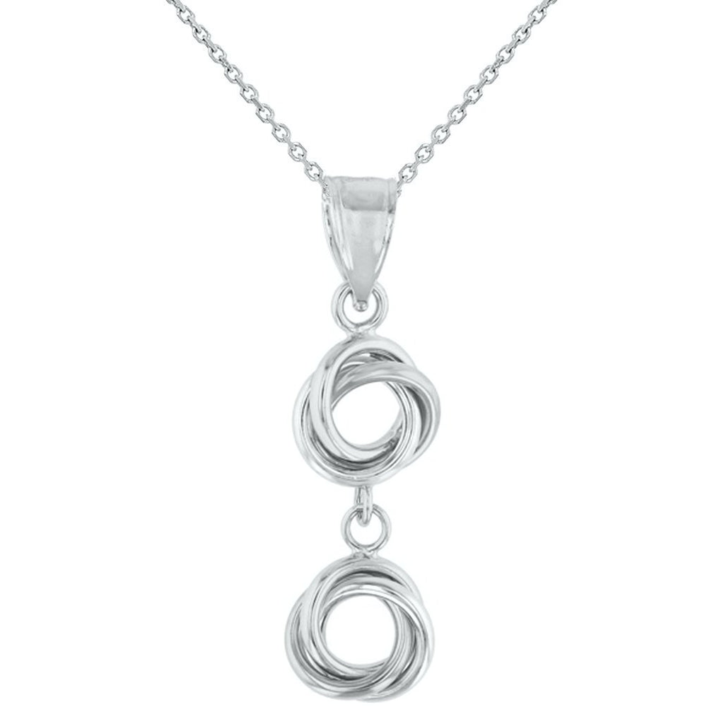 Solid 14K White Gold Double Love Knot Charm Dangling Pendant Necklace
