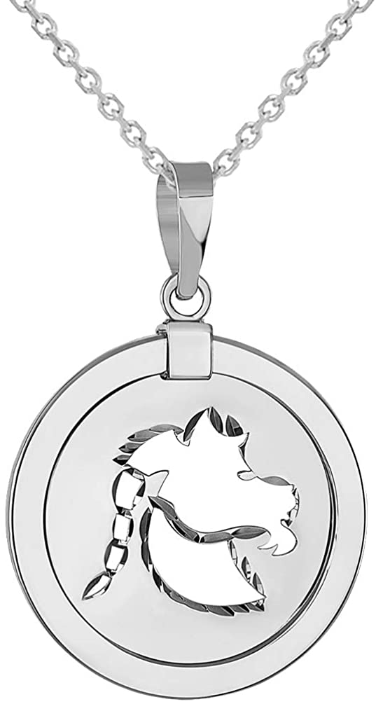 14k White Gold Round Capricorn Zodiac Sign Sea-Goat Animal Medallion Pendant Necklace (Reversible)