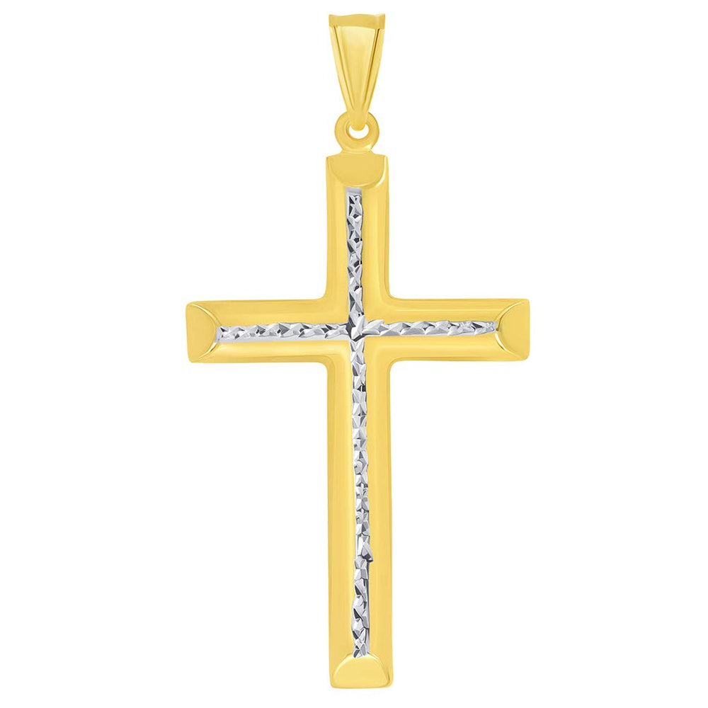 14k Yellow Gold Textured Two-Tone Religious Tube Cross Pendant