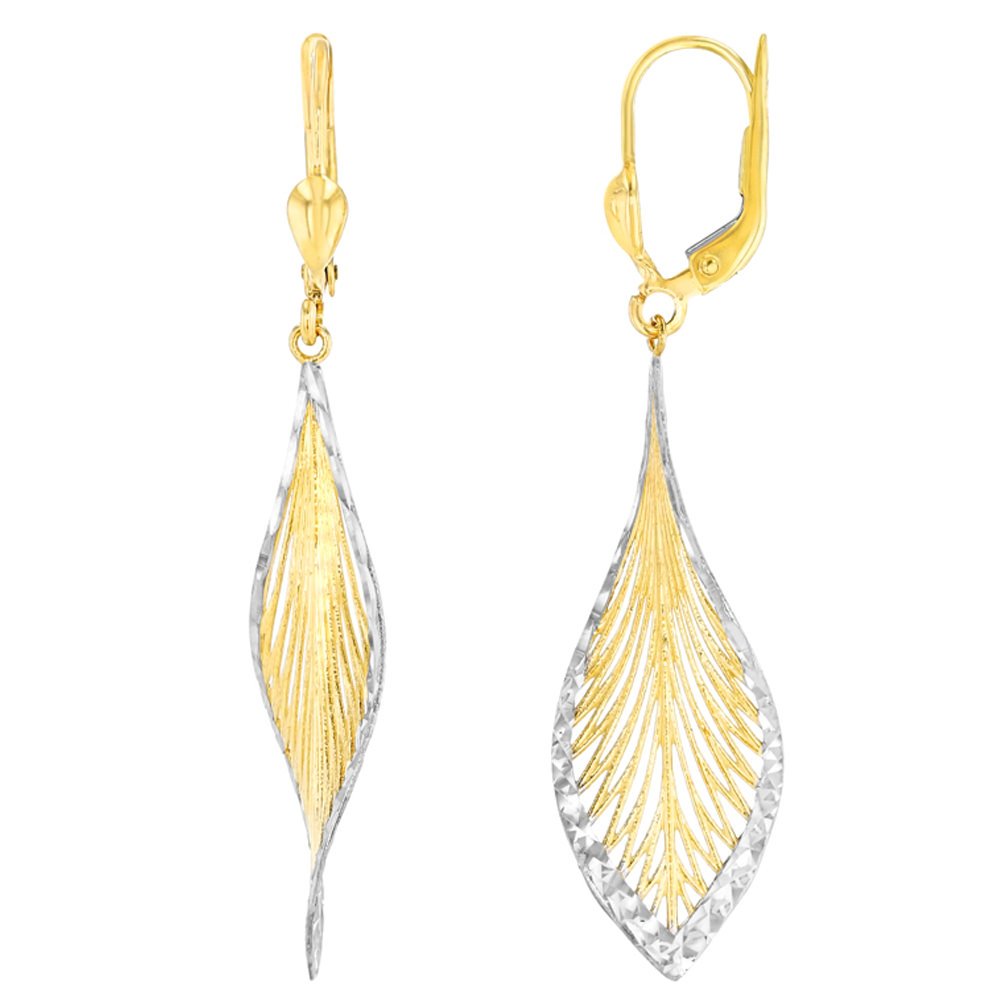 Textured 14K Gold Two-Tone Curved Spiral Leaf Dangle Earrings - Yellow Gold