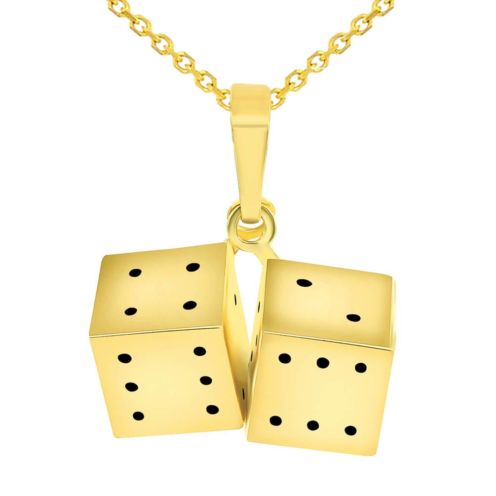 14k Yellow Gold 3D Set of Classic Dice Charm Good Luck Pendant Necklace