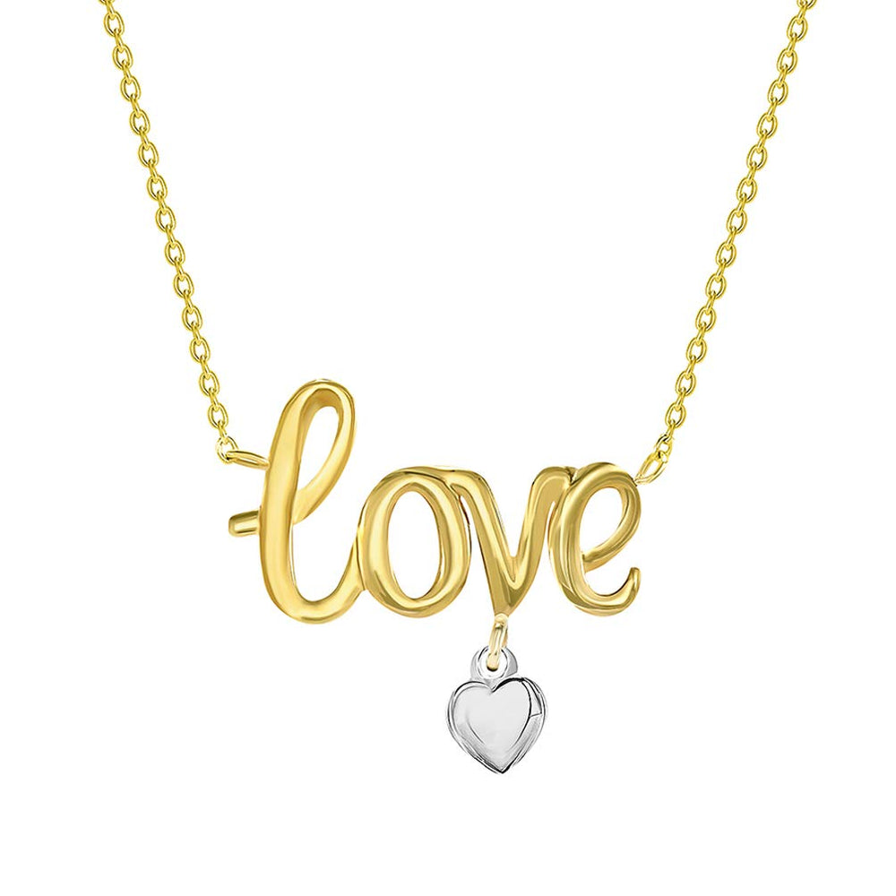 14k Two-Tone Gold Dangling Heart Charm Love Word In Script Necklace with Lobster Claw Clasp
