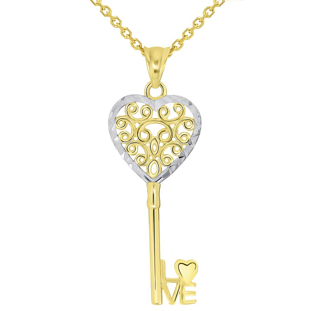 Filigree Two Tone Heart Key with "Love" Pendant Necklace