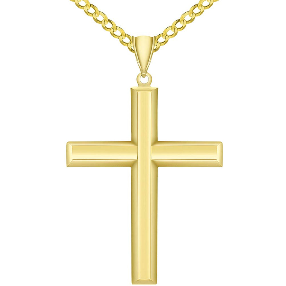 14k Yellow Gold Plain & Simple Religious High Polish Cross Pendant Necklace with Curb Chain