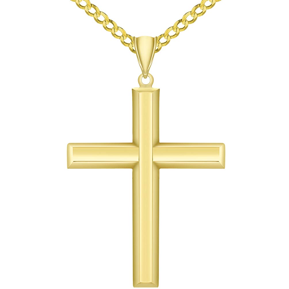 14k Yellow Gold Plain & Simple Religious High Polish Cross Pendant Necklace with Curb Chain