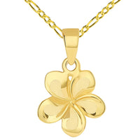 Load image into Gallery viewer, 14k Yellow Gold High Polished Small Hawaiian Plumeria Flower Charm Pendant with Figaro Chain Necklace

