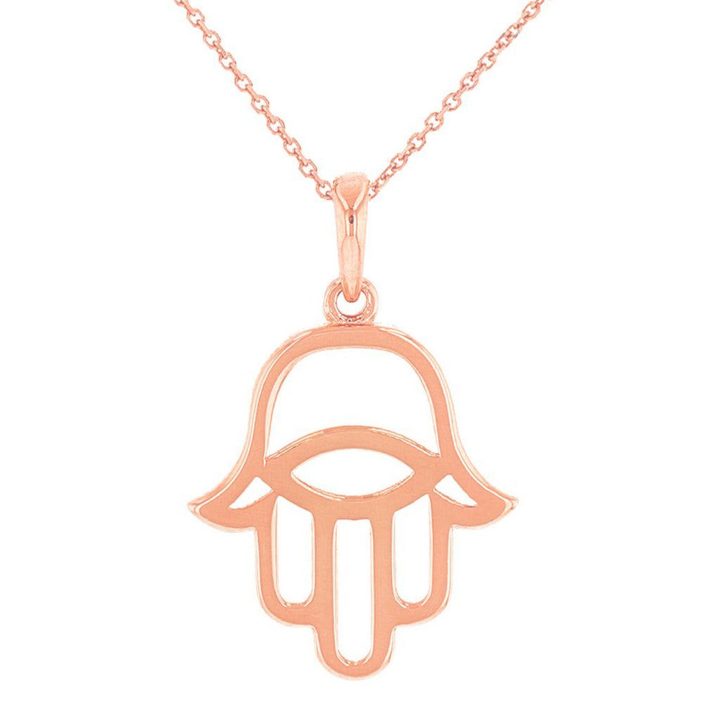 Solid 14k Rose Gold Hamsa Hand of Fatima with Evil Eye Charm Pendant Necklace