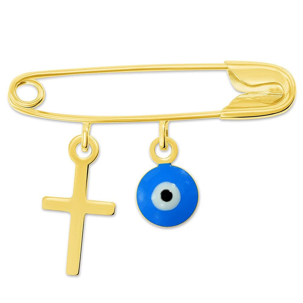 14k Yellow Gold Religious Cross and Blue Evil Eye Charm Safety Pin Brooch