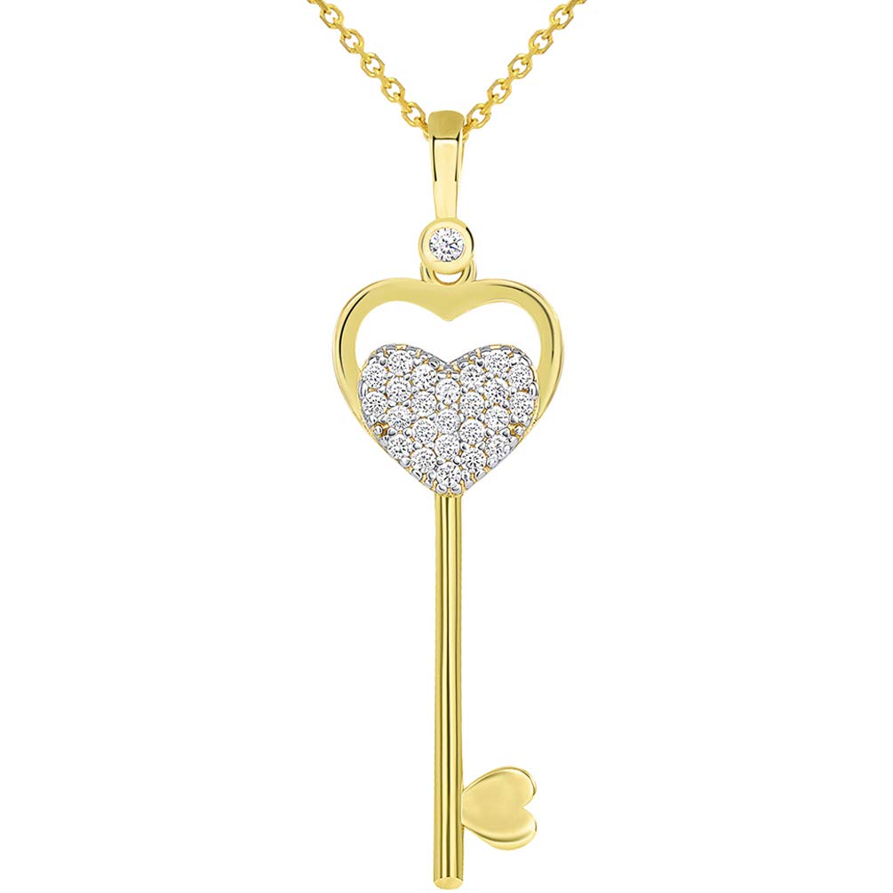 14K Yellow Gold Double CZ Heart Love Key Pendant Necklace