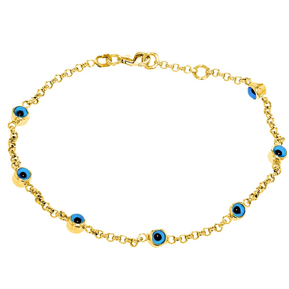 Polished 14k Yellow Gold Chain Link Bracelet with Blue Evil Eye, 8"