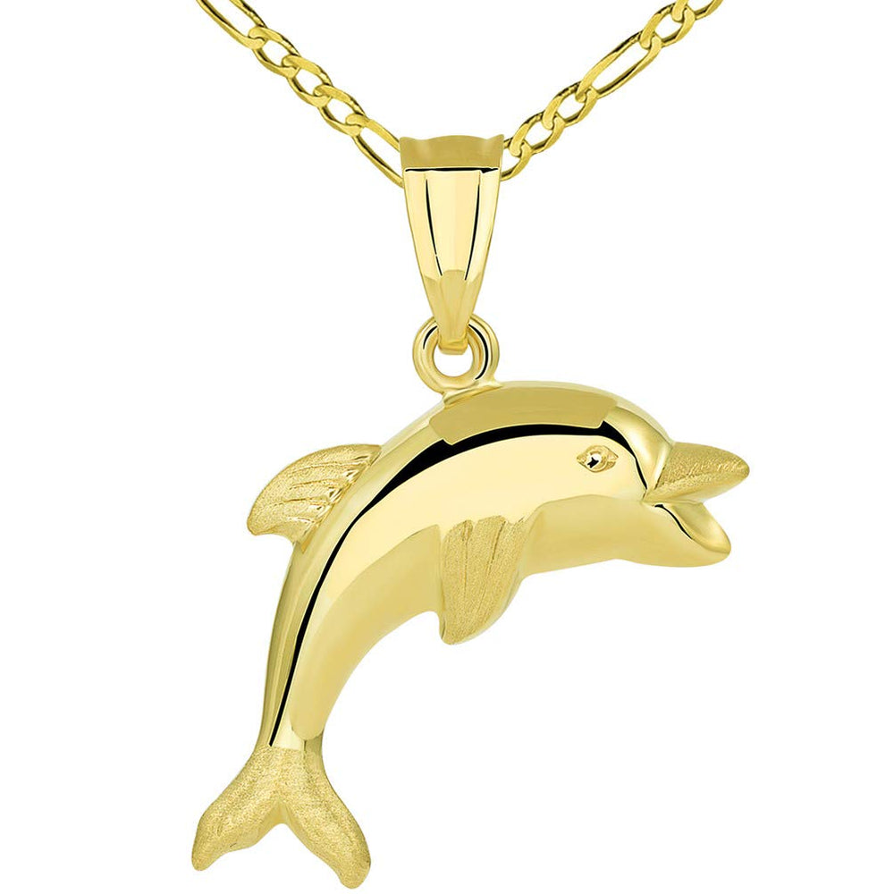 14k Gold Polished Smiling and Jumping 3D Dolphin Pendant Figaro Necklace - Yellow Gold