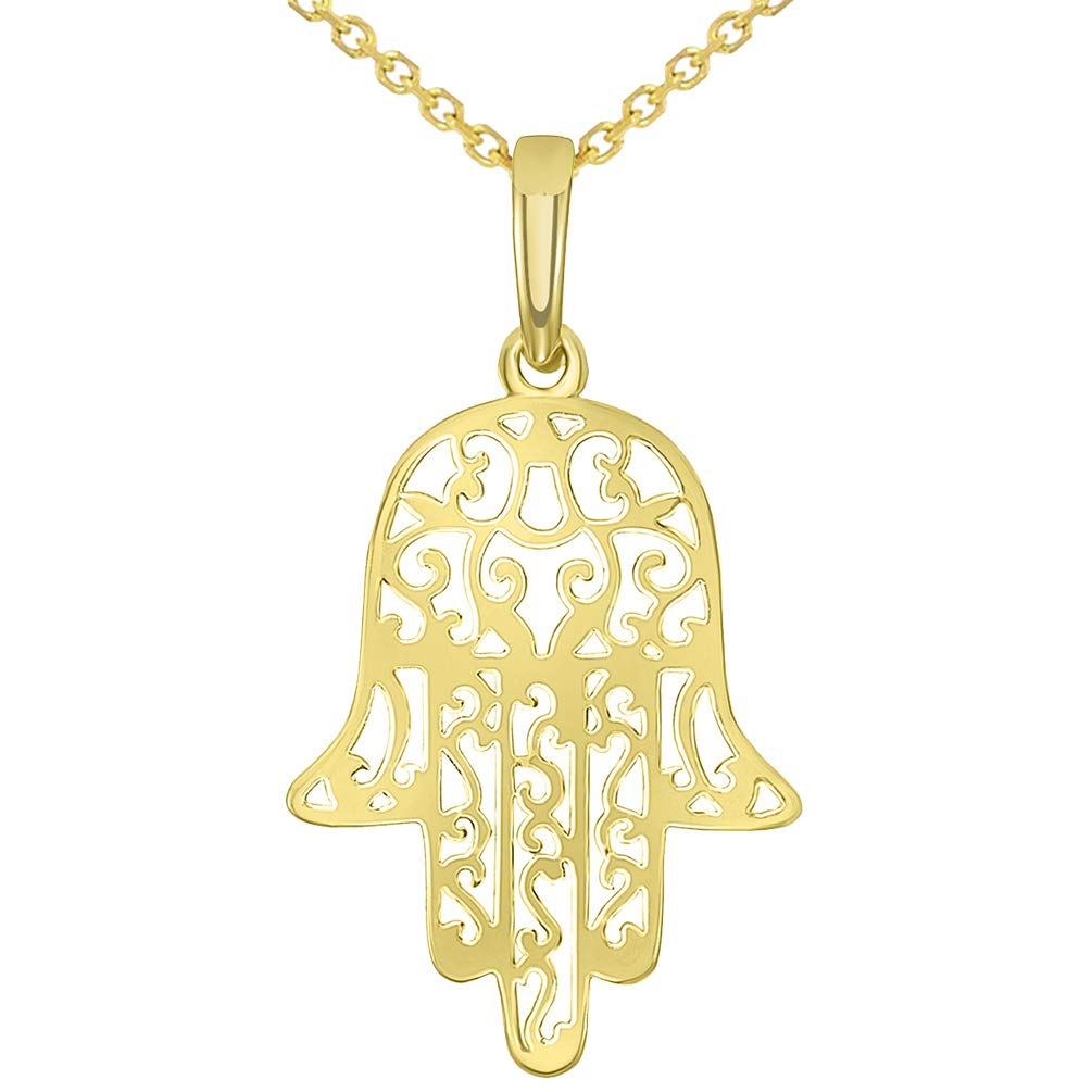 14k Yellow Gold Filigree Hamsa Hand of Fatima Pendant Necklace
