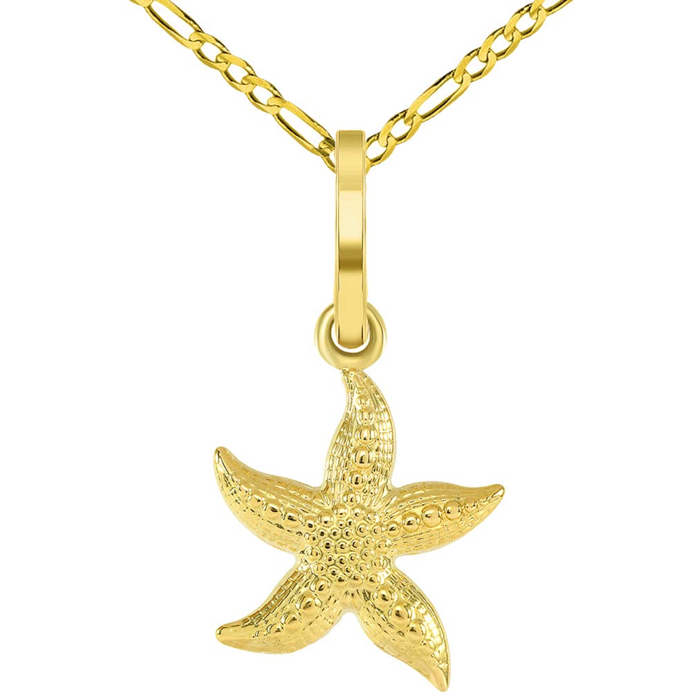 14k Gold Textured 3D Starfish Charm Pendant with Figaro Chain Necklace - Yellow Gold