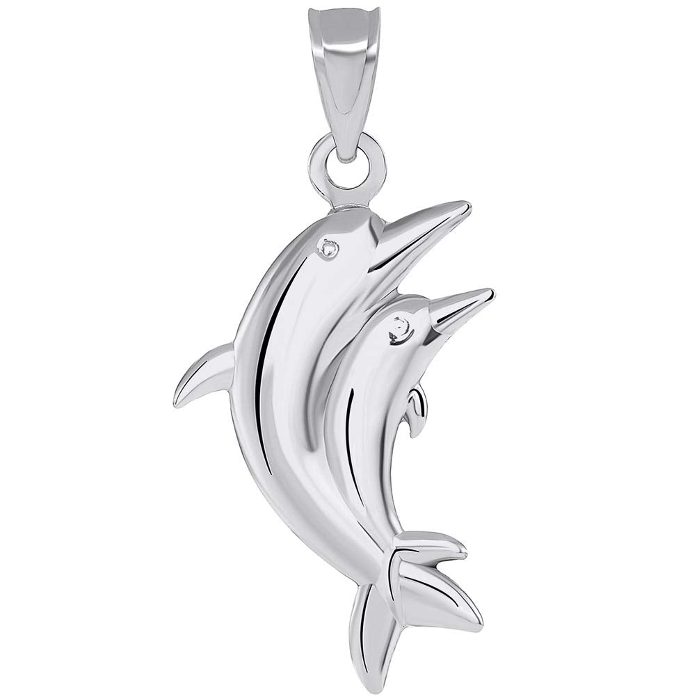 14k White Gold 3D Two Dolphins Jumping Together Vertical Pendant