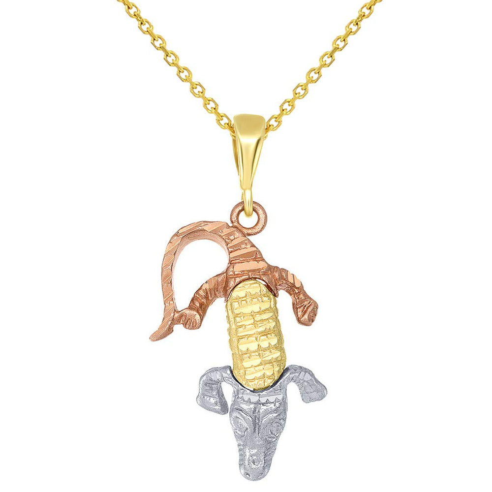 Solid 14K Tri-Color Gold Textured Crocodile Charm Animal Pendant Necklace