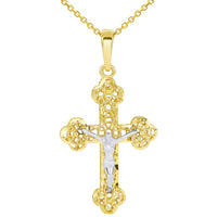 Load image into Gallery viewer, 14k Two Tone Gold Textured Filigree Eastern Orthodox Cross 3D Jesus Crucifix Pendant Necklace
