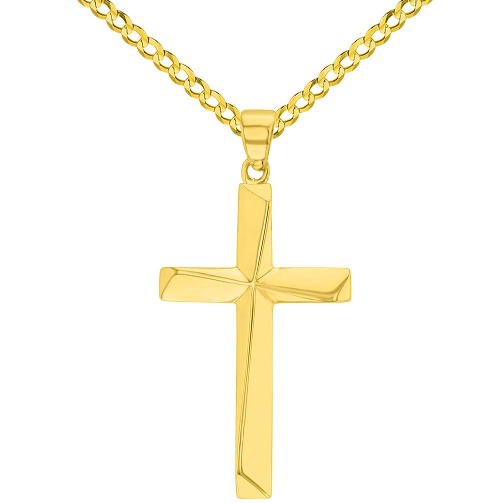 Solid 14 Karat Yellow Gold Elegant Religious Plain Cross Pendant with Cuban Chain Necklace