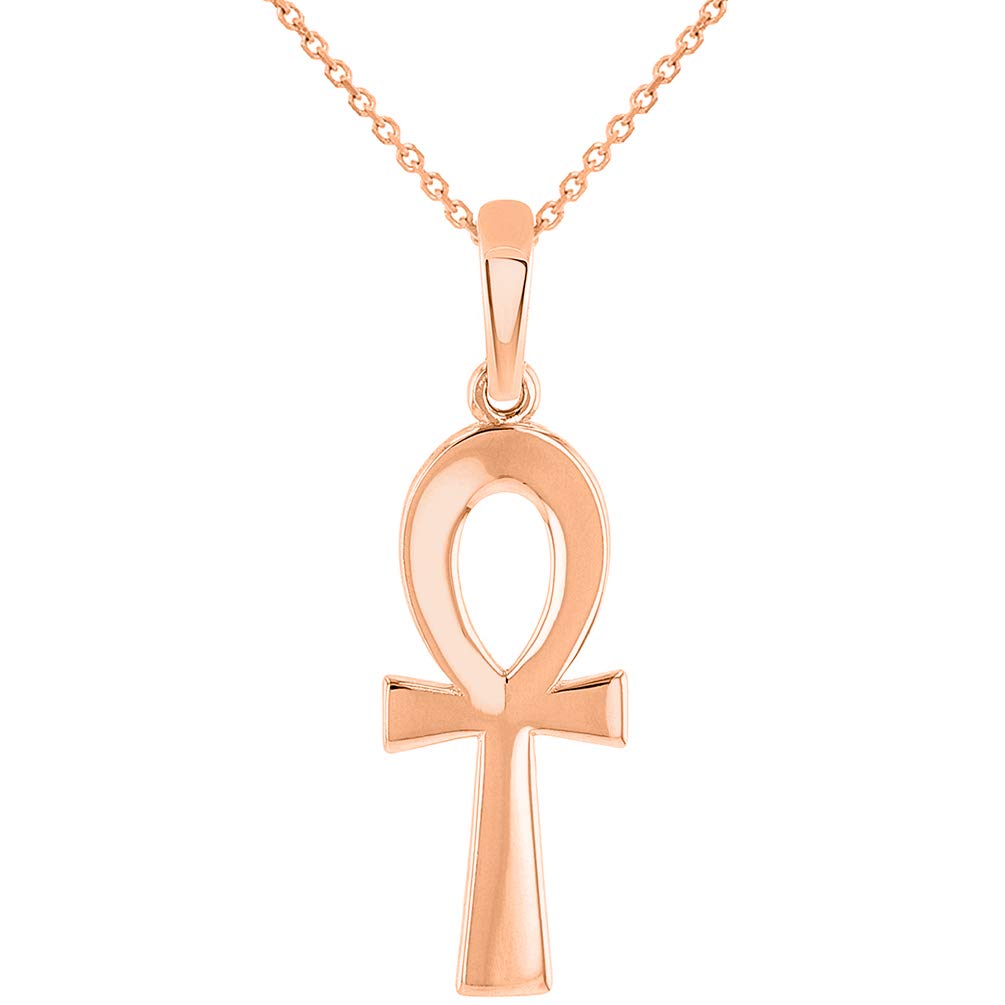Solid 14k Rose Gold Plain and Simple Egyptian Ankh Cross Pendant with Chain Necklace
