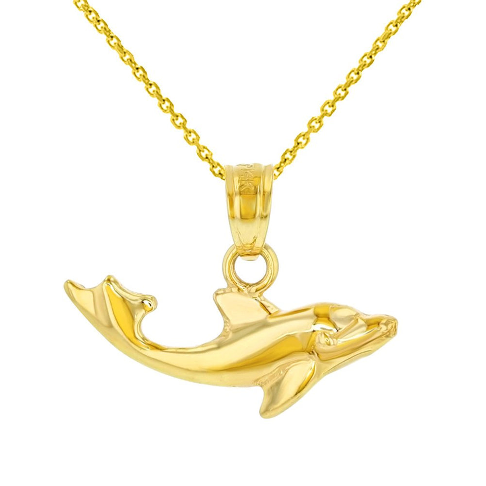 14K Yellow Gold Dainty Dolphin Charm Animal Pendant Necklace with High Polish