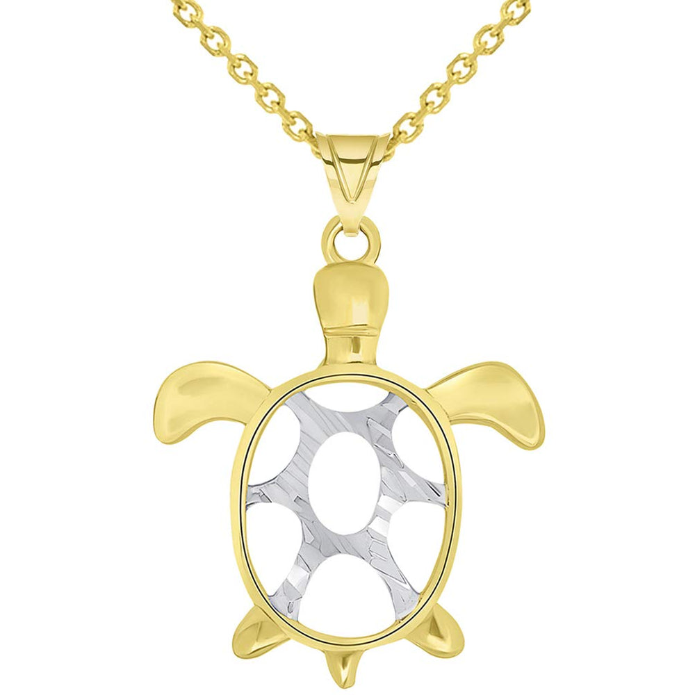 14k Gold Textured Two Tone Open Shell Sea Turtle Good Luck Pendant Necklace Available with Rolo, Curb, or Figaro Chain - Yellow Gold