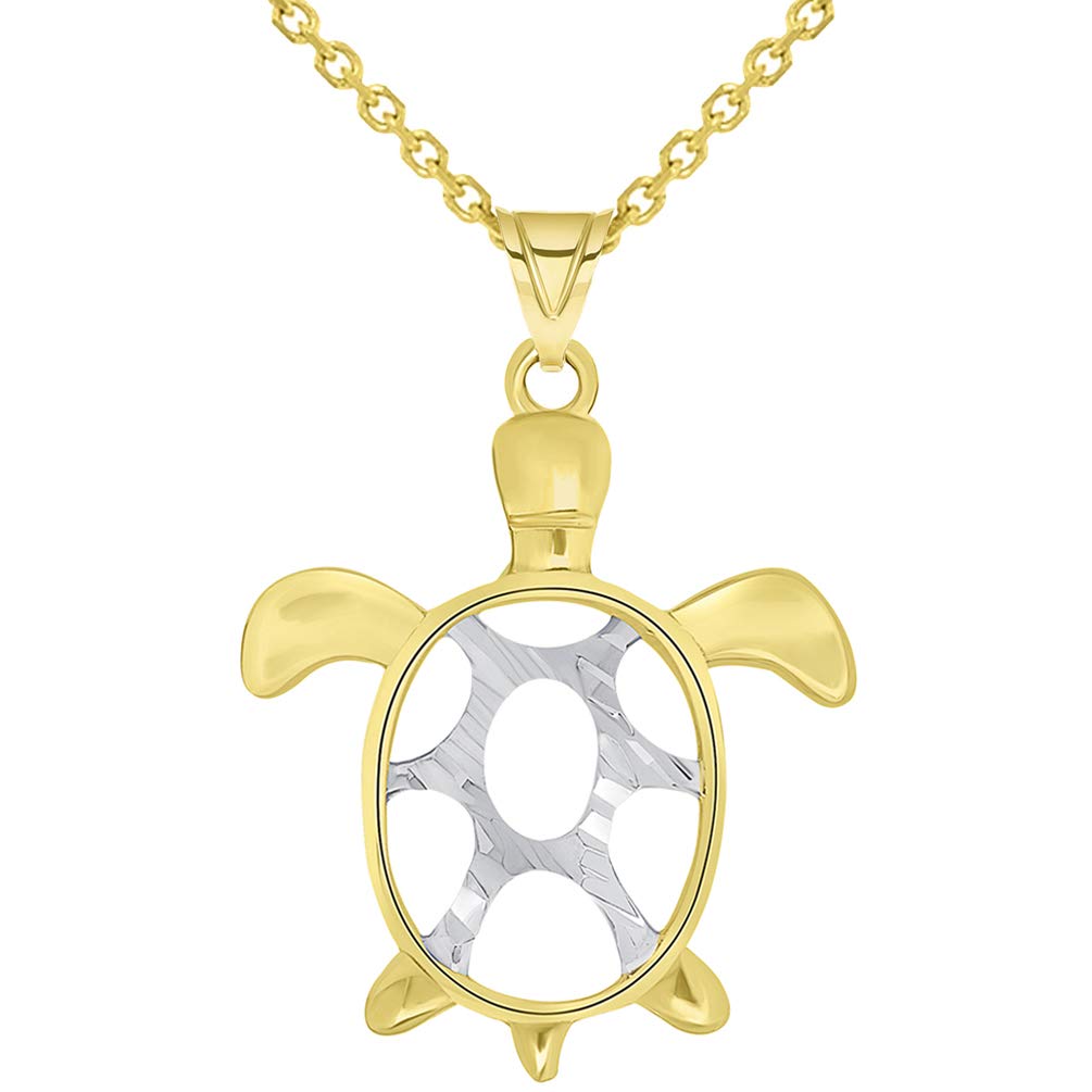 14k Gold Textured Two Tone Open Shell Sea Turtle Good Luck Pendant Necklace Available with Rolo, Curb, or Figaro Chain - Yellow Gold